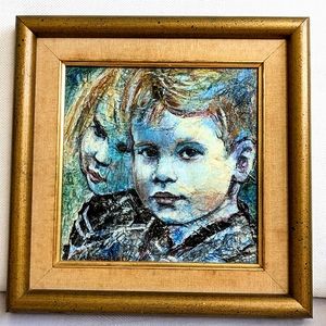 VTG Artisan medium Portrait Boy Girl Children Signed Numbered Print Framed